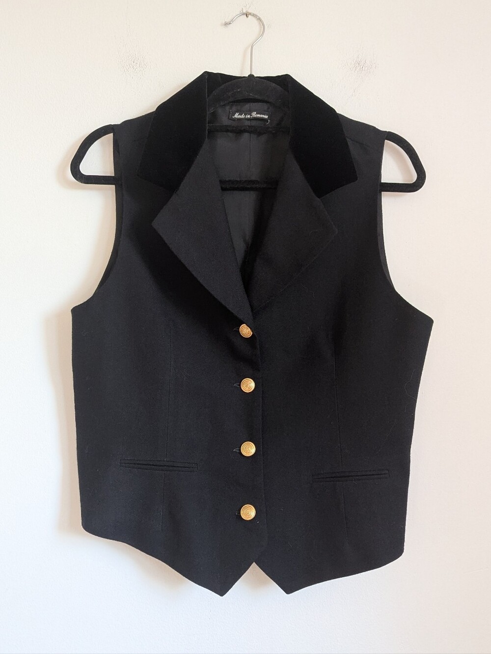 Giorgio Sant Angelo Wool Black Vest With Velvet Accent Collar & Gold Buttons